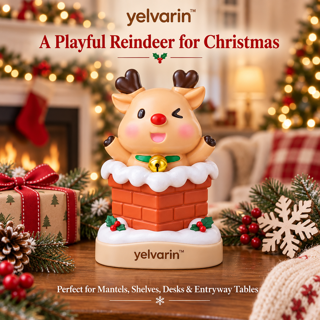 yelvarin™ Cute Reindeer in Snowy Chimney Resin Tabletop Figurine