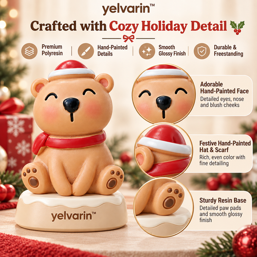 yelvarin™ Cute Teddy Bear with Santa Hat and Red Scarf Resin Tabletop Figurine