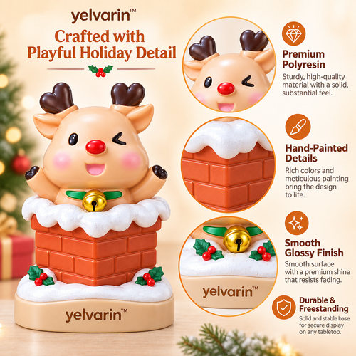 yelvarin™ Cute Reindeer in Snowy Chimney Resin Tabletop Figurine