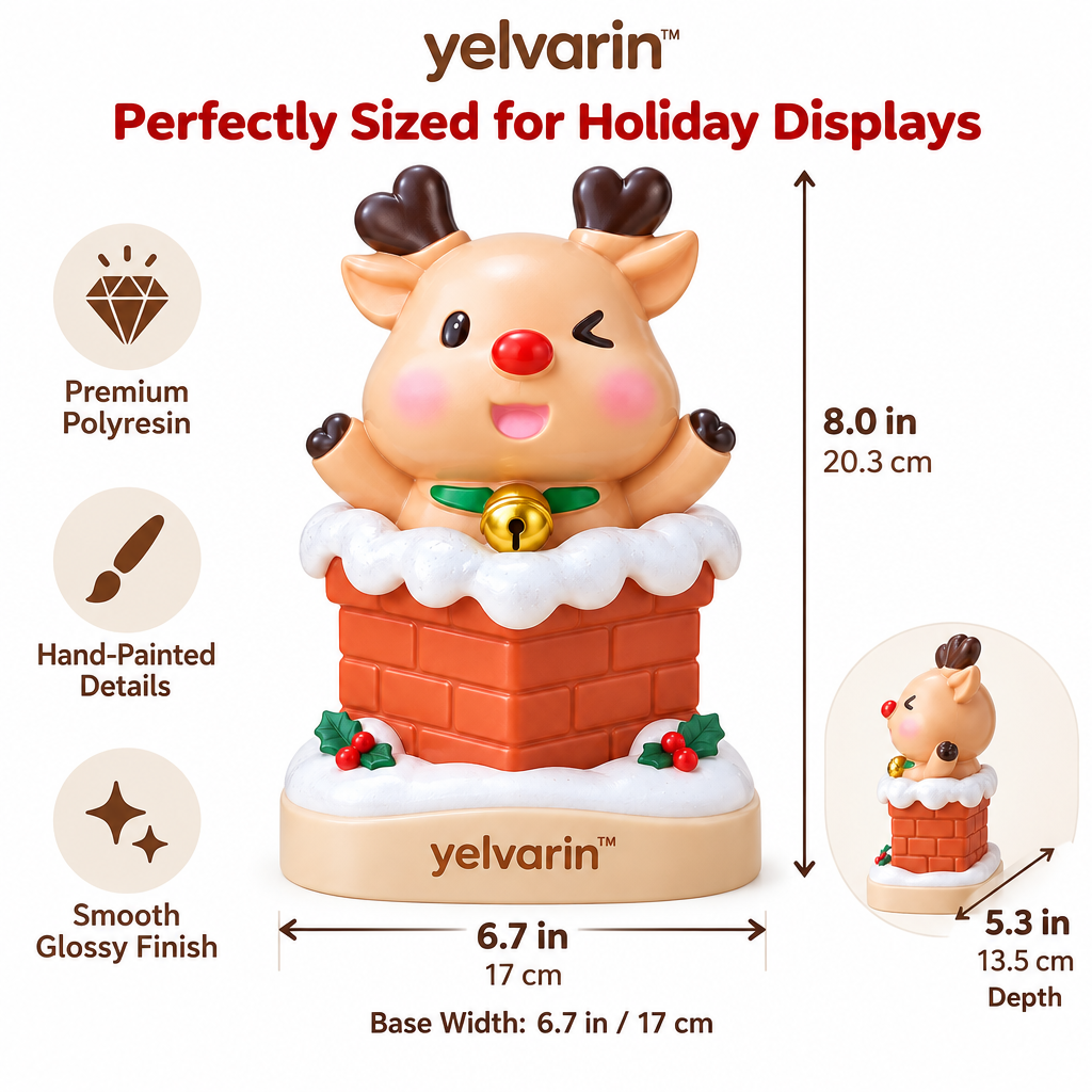 yelvarin™ Cute Reindeer in Snowy Chimney Resin Tabletop Figurine